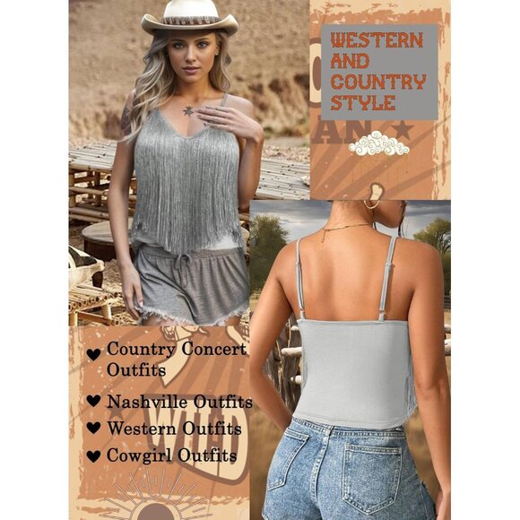 Women's Silver Fringe Tank Top Western Festival Clothing Cowgirl V Neck Outfits - Picture 4 of 6